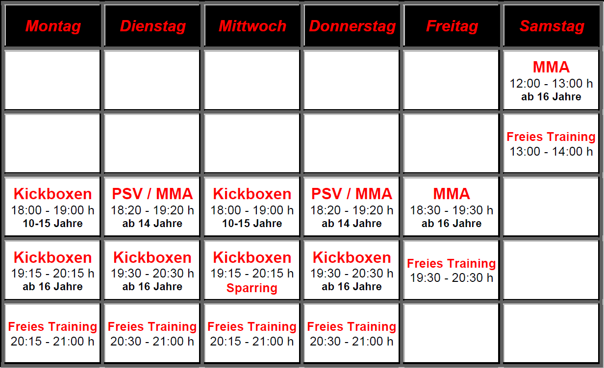 trainingsplan Akademie f&uuml;r Selbstverteidigung & Kickboxen Weinstadt